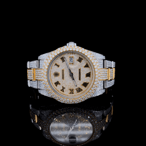 Two Tone Fully Iced Out Roman Dial Moissanite Watch - Yellow Gold