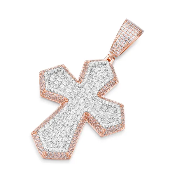 Two Tone Baguette Moissanite Cross Pendant - 925 Sterling Silver