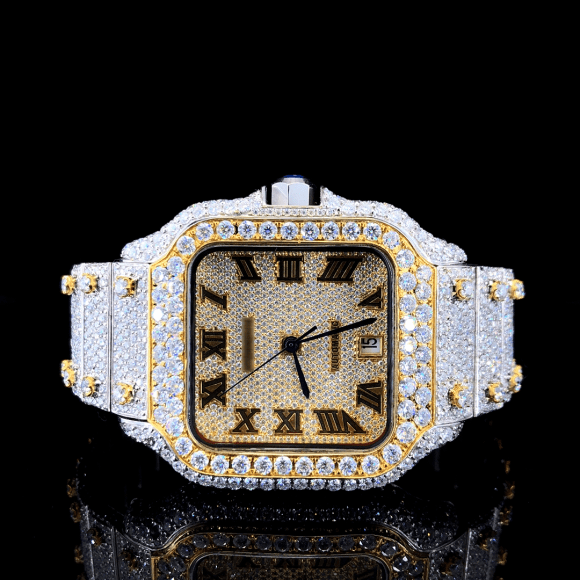 Two-tone Moissanite Iced Out Watch with Roman Number - Yellow Gold