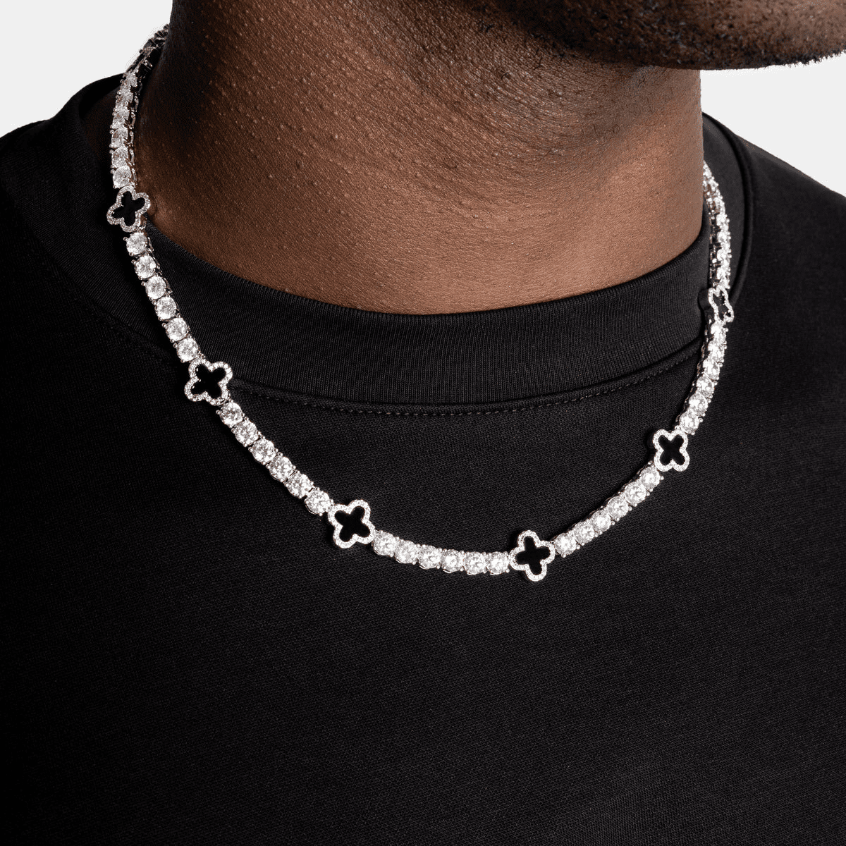 6mm Moissanite Tennis Clover Chain with black Leaf Design - 925 Silver