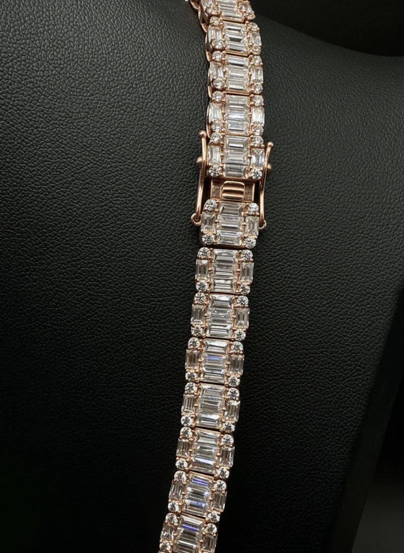 10mm Baguette Moissanite Halo Tennis Chain - 925 Silver