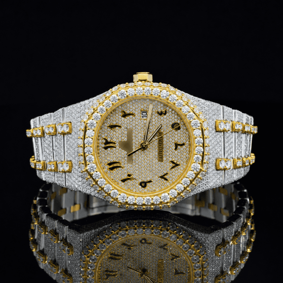 Attractive Iced Out Two-Tone Moissanite Watch with black Arabic Numerals - Yellow gold