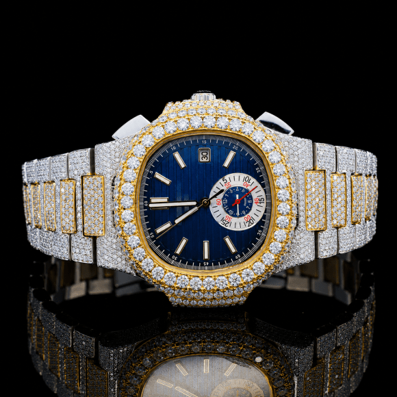 Blue Dial Two-Tone Automatic Moissanite Wrist Watch - Yellow gold