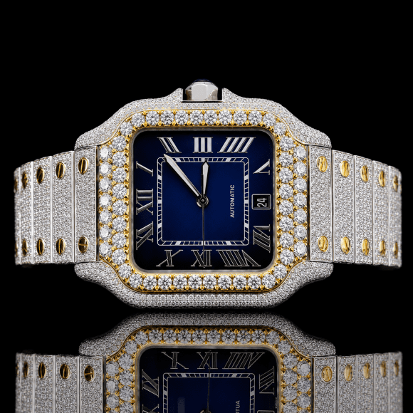 Blue Dial Two-Tone Moissanite Watch with Roman Numerals - Yellow