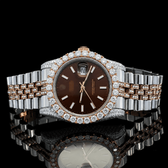 Brown Dial Two-Tone Minimal Moissanite Watch - Rose gold