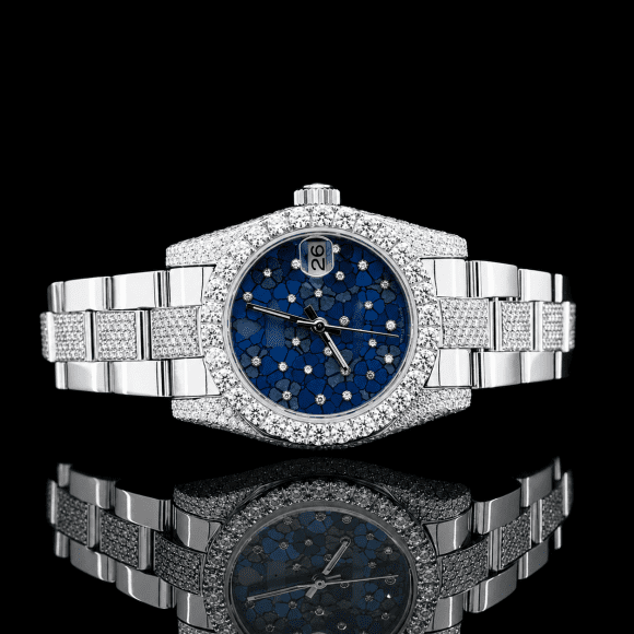 Flower Style Blue Dial Minimal Moissanite Watch