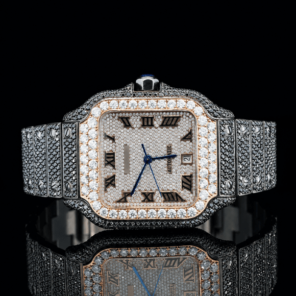 Fully Bust down Black and White Moissanite Automatic Watch - Rose gold