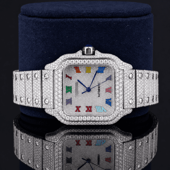 Fully Iced Moissanite Watch with Rainbow Roman Numerals