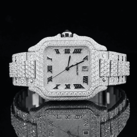 Fully Iced Out Automatic Moissanite Watch with Black Roman Numerals