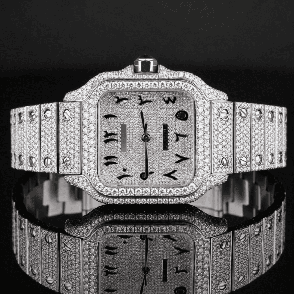 Fully Iced-out Moissanite Watch with Black Arabic Numerals