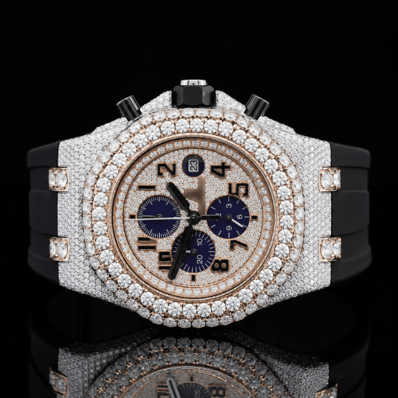 Luxurious Moissanite Dial Watch With Black Rubber Belt - Rose gold
