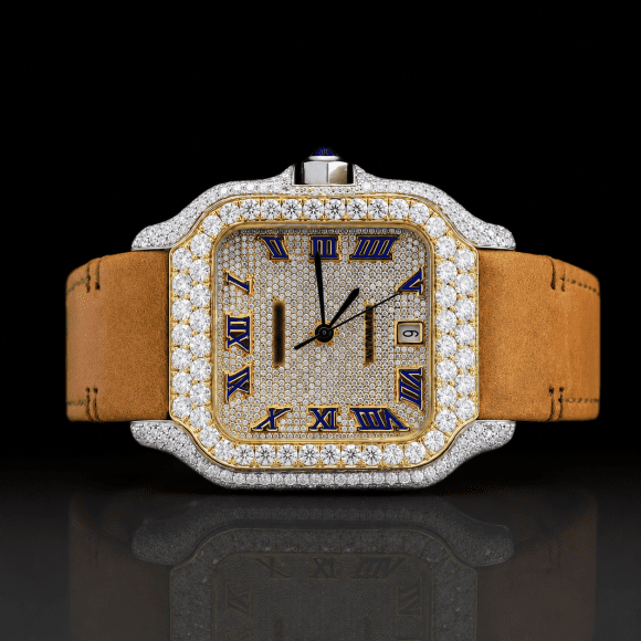 Luxurious Moissanite Dial watch with Brown Leather Belt - Yellow Gold