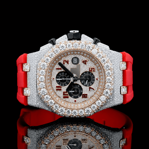 Red Rubber Strap Two-Tone Iced Out Dial Moissanite Watch - Rosse Gold