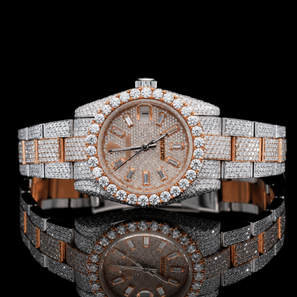 Two-tone Baguette Dial bust down Moissanite Watch for men - Rose gold