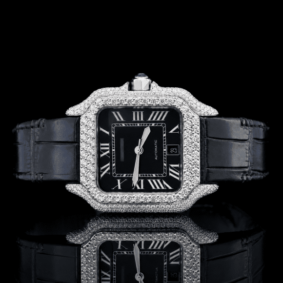 Two-tone black Bezel Moissanite watch with Black Leather Belt