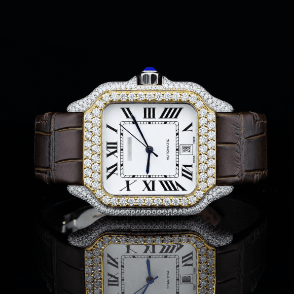 Two-tone Moissanite bezel watch with Brown Leather Belt - Yellow gold