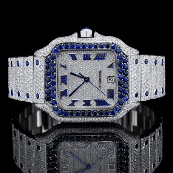 Unique Automatic Moissanite Watch with Blue and White Diamonds