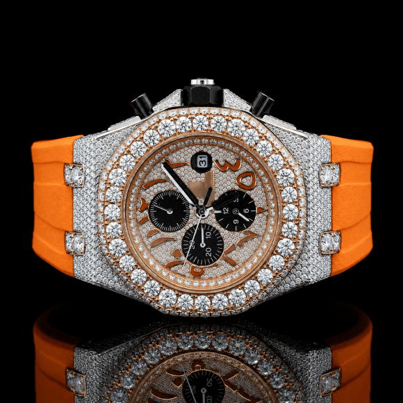 VVS Moissanite Dial Watch with Sport Orange Rubber Strap - Rose Gold
