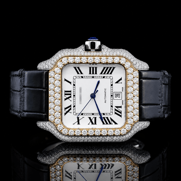 White Dial Moissanite bezel watch with Black Leather Belt - yellow gold