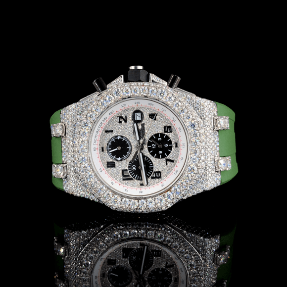 Moissanite Dial Watch For Men With Green Rubber Belt