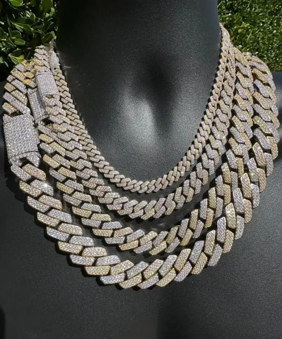 Two Tone Moissanite Cuban Link Chain – 14K Yellow Gold and 925 Sterling Silver