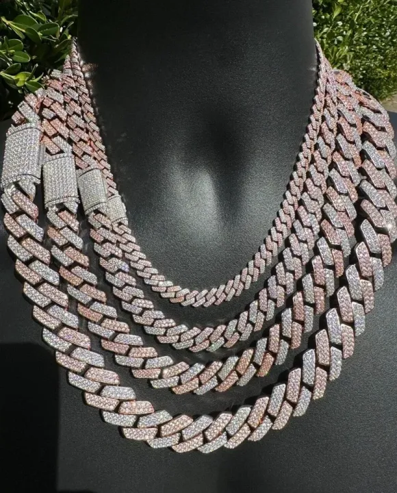 Two Tone Moissanite Cuban Link Chain - 14K Rose Gold and 925 Sterling Silver