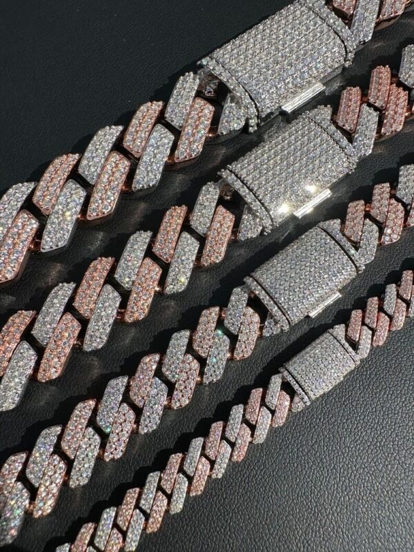 Two Tone Moissanite Cuban Link Chain - 14K Rose Gold and 925 Sterling Silver
