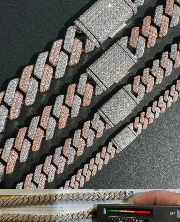 Two Tone Moissanite Cuban Link Chain - 14K Rose Gold and 925 Sterling Silver