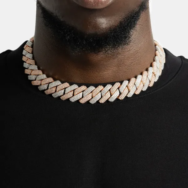 Two Tone Moissanite Cuban Link Chain - 14K Rose Gold and Silver