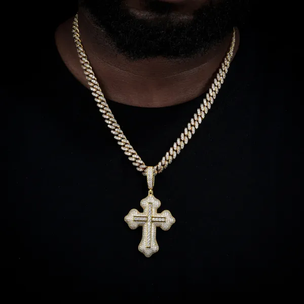 Round Cut Moissanite Cross Pendant wearing