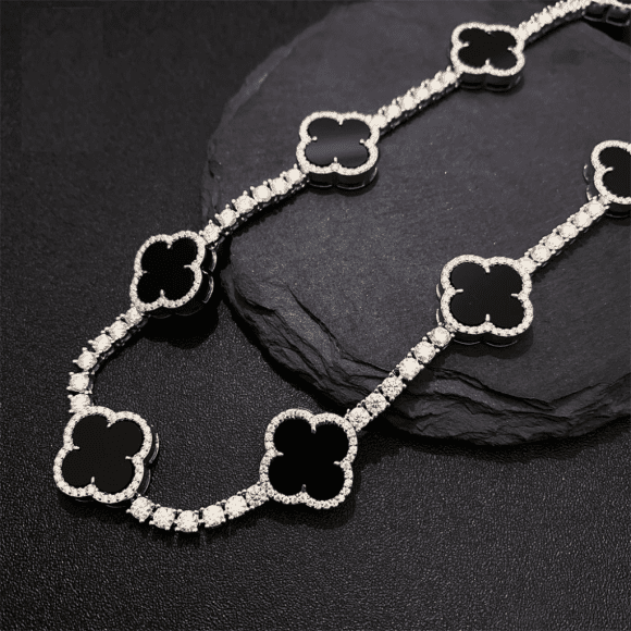 4mm Moissanite Tennis Clover Chain with 15mm black Leaf Design - 925 Silver