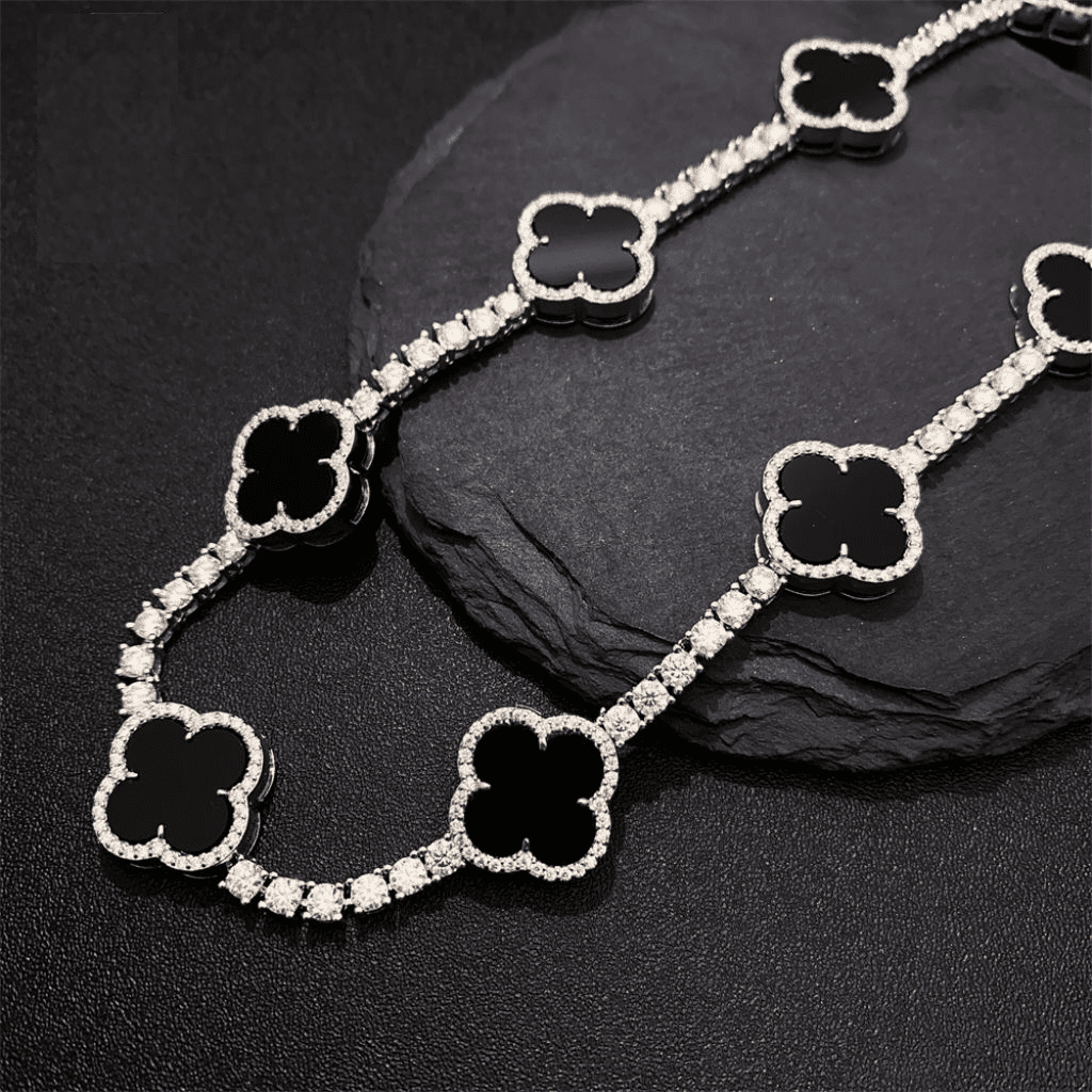 4mm Moissanite Tennis Clover Chain with 15mm black Leaf Design - 925 Silver