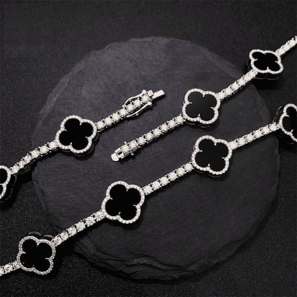 4mm Moissanite Tennis Clover Chain with 15mm black Leaf Design - 925 Silver