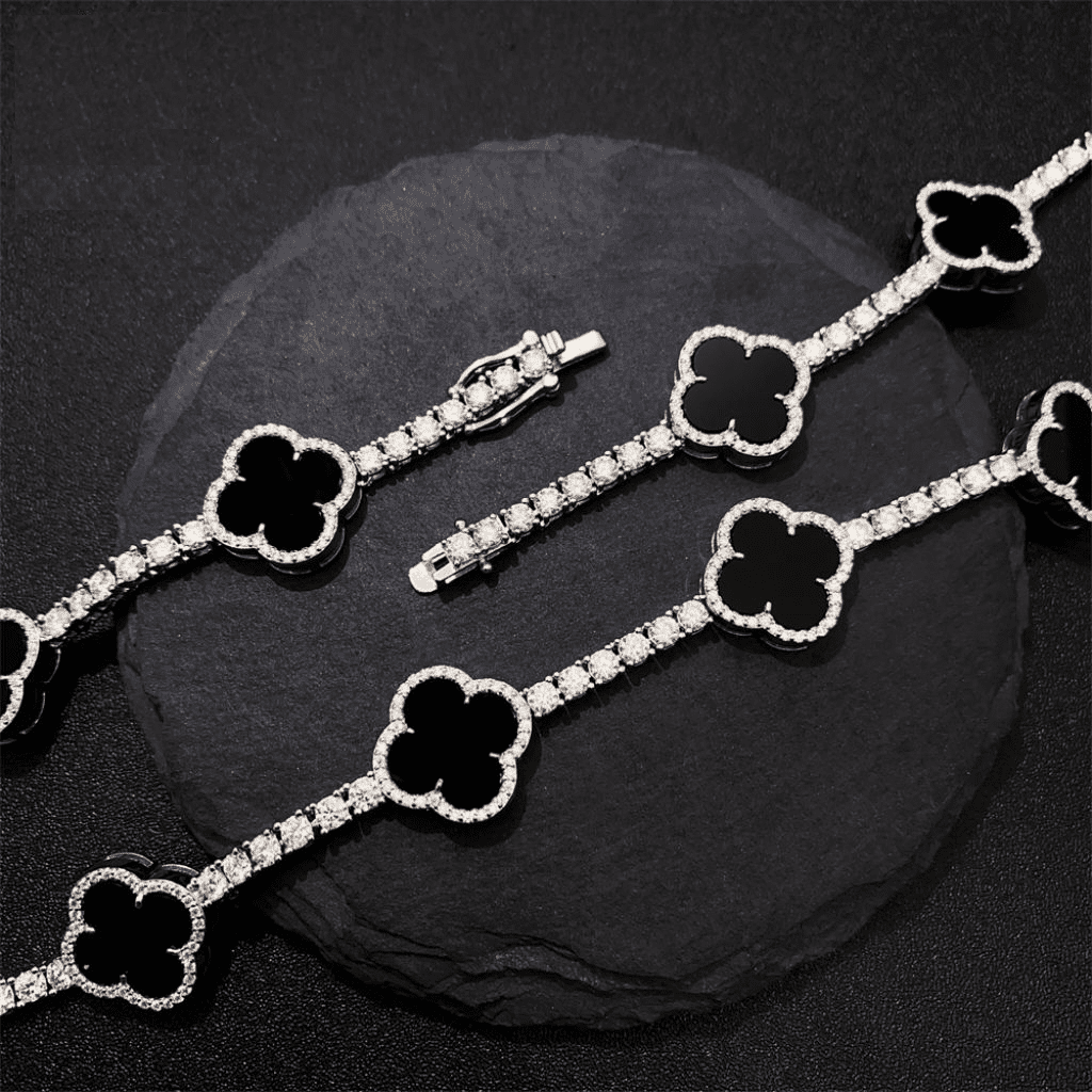 4mm Moissanite Tennis Clover Chain with 15mm black Leaf Design - 925 Silver
