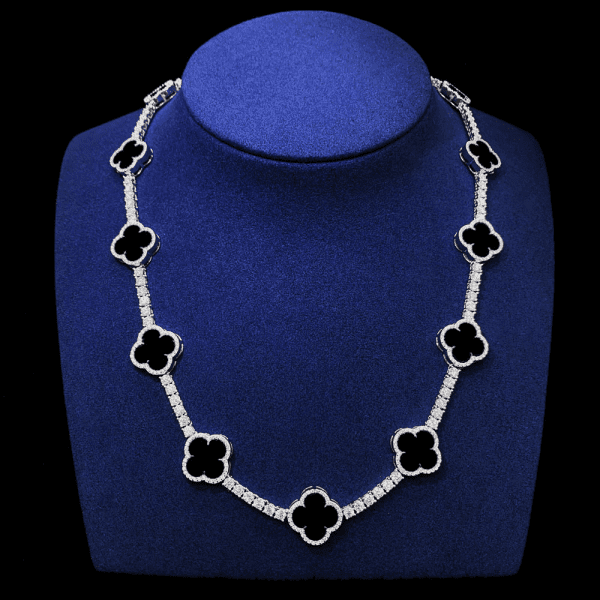 4mm Moissanite Tennis Clover Chain with 15mm black Leaf Design - 925 Silver - Image 4