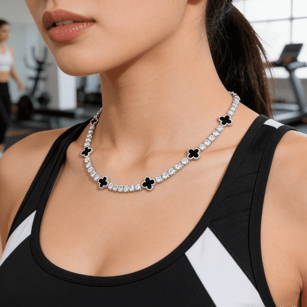 6mm Moissanite Tennis Clover Chain with black Leaf Design - 925 Silver