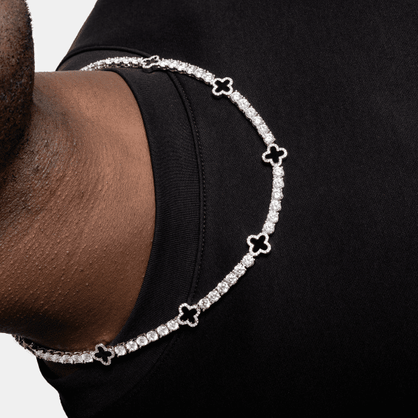 6mm Moissanite Tennis Clover Chain with black Leaf Design - 925 Silver