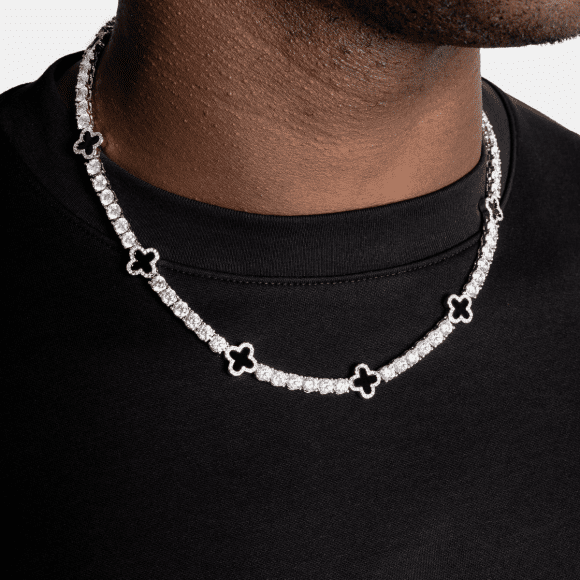 6mm Moissanite Tennis Clover Chain with black Leaf Design - 925 Silver