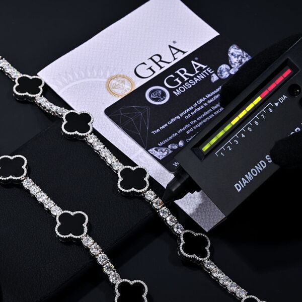 4mm Moissanite Tennis Clover Chain with 15mm black Leaf Design - 925 Silver