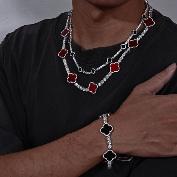 4mm Moissanite Tennis Clover Chain with 15mm Red Leaf Design - 925 Silver