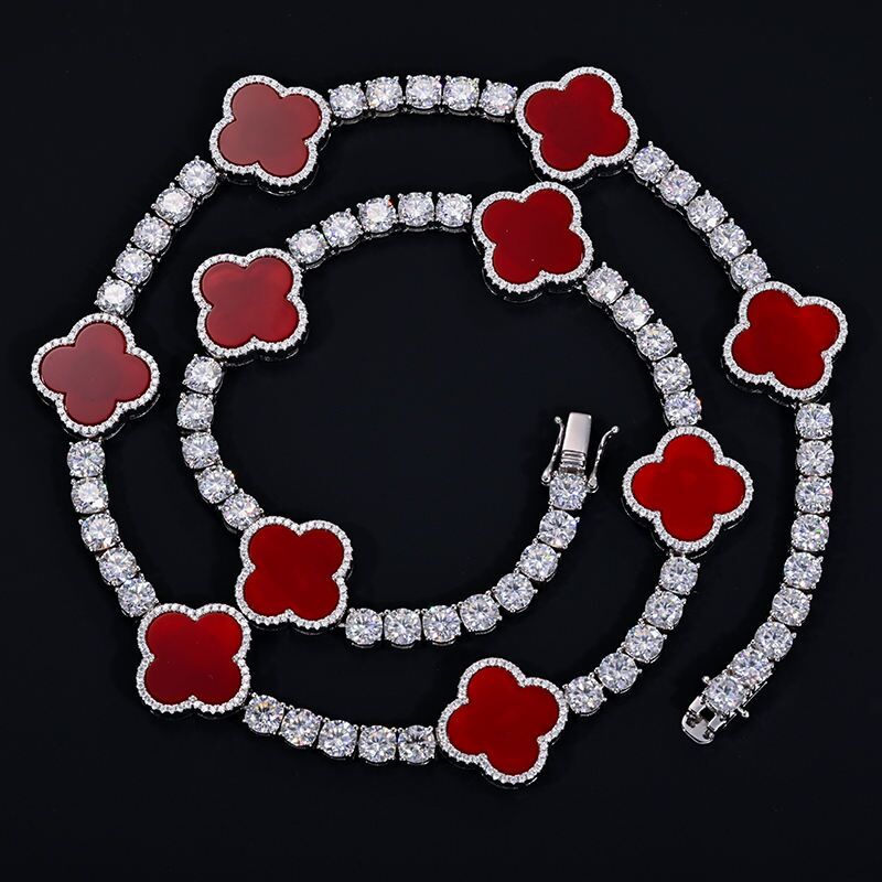 4mm Moissanite Tennis Clover Chain with 15mm Red Leaf Design - 925 Silver