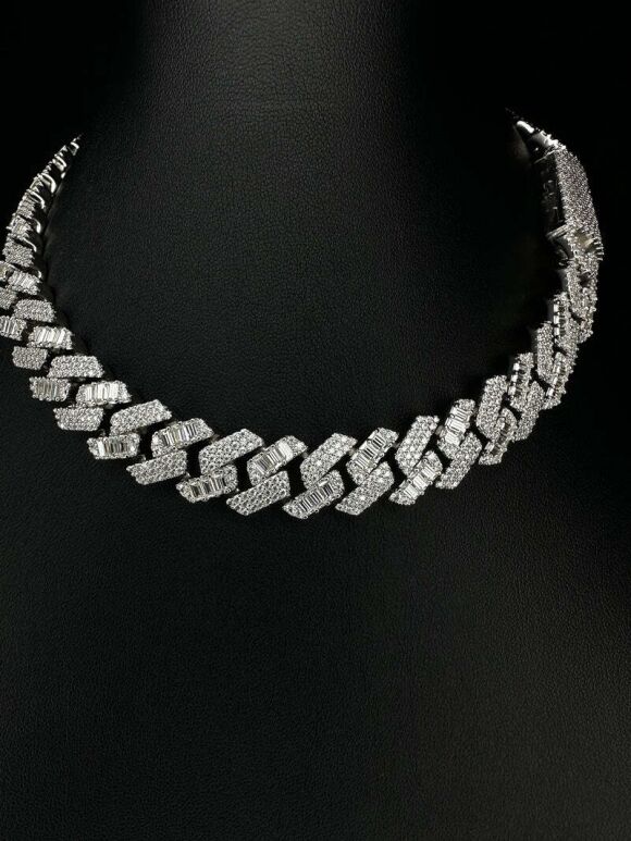 15mm Baguette Moissanite Cuban Link Chain - 925 Sterling Silver
