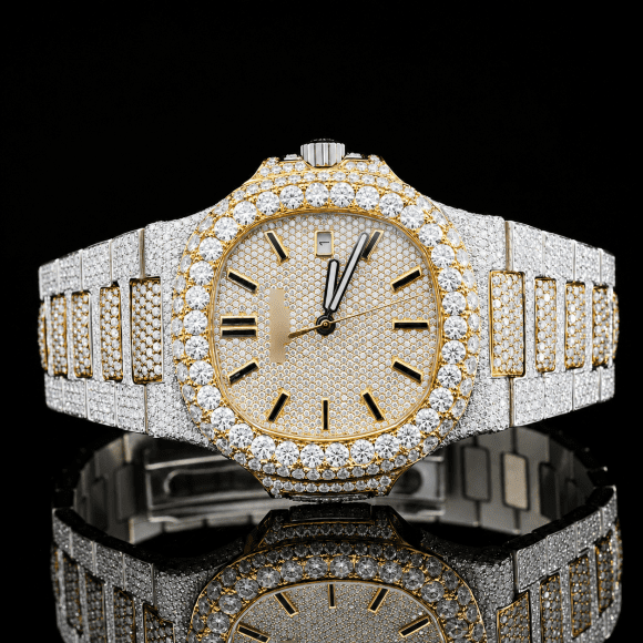 Amazing two-tone VVS moissanite watch with Black stick markers - yellow gold