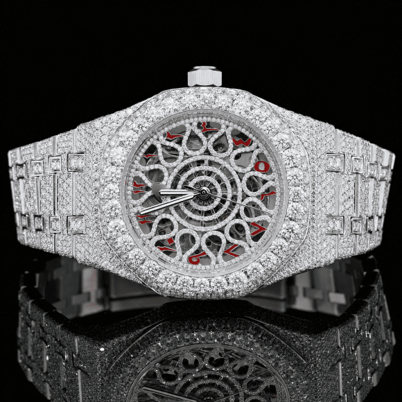 Antique VVS Moissanite Skeleton Watch with Red Arabic Numerals