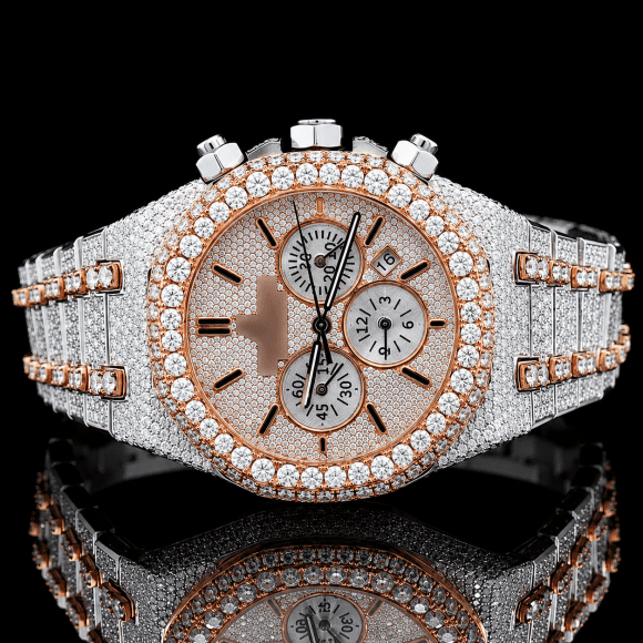 Attractive Two Tone Moissanite Chronograph watch with black stick markers - Rose Gold