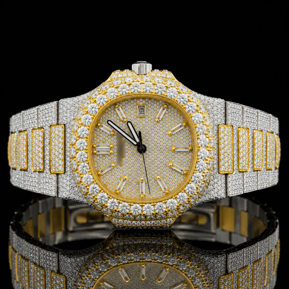 Attractive Two Tone Moissanite watch with Baguette stick markers - Yellow gold