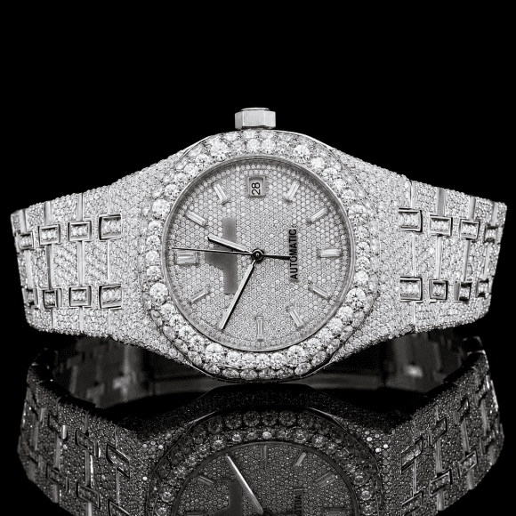 Awesome Iced Out VVS Moissanite Watch with Baguette stick markers - White Gold