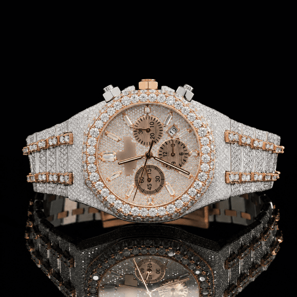 Fancy Chrono Dial Two-Tone Iced Out Moissanite Watch for men - Rose gold