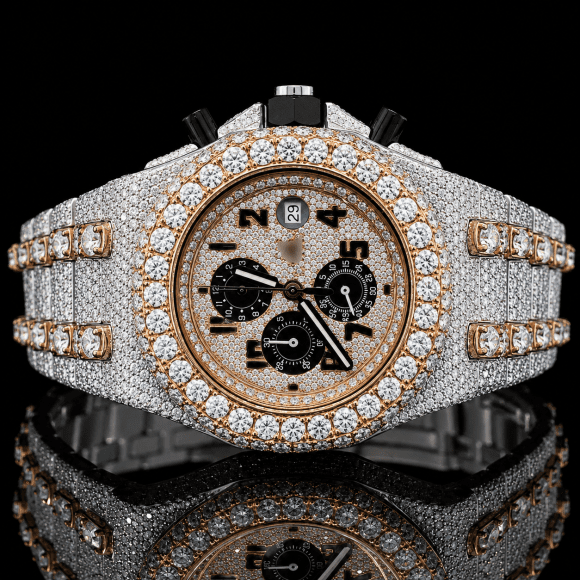 Fancy VVS Moissanite bust Down Watch Black Chronograph Dial - rose Gold