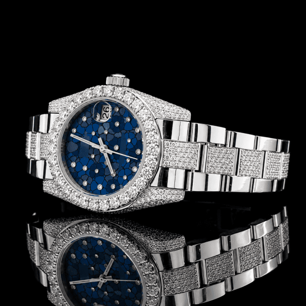 Flower Style Blue Dial Minimal Moissanite Watch